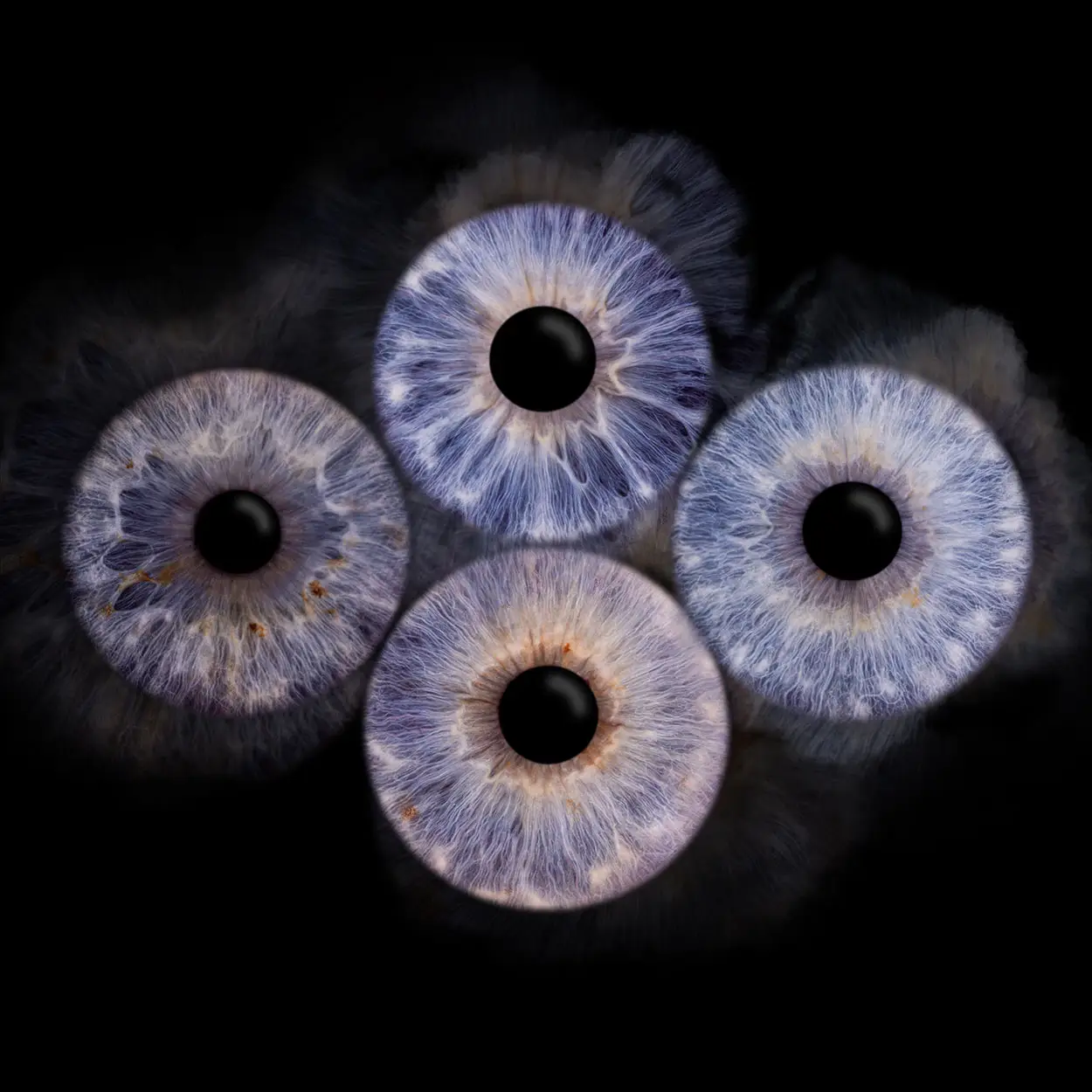 Eine Collage mit vier detailreichen blauen Iriden als Raute angeordnet als Wandbild mit Kollisionseffekt und Rauch